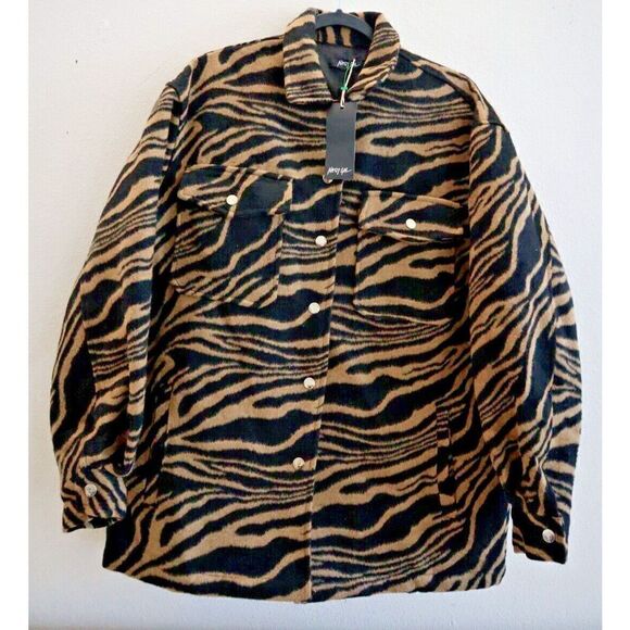 Nasty Gal VZY5363 Women's Sz M Tan Zebra Print Wool Look Oversized Shacket - Picture 1 of 8
